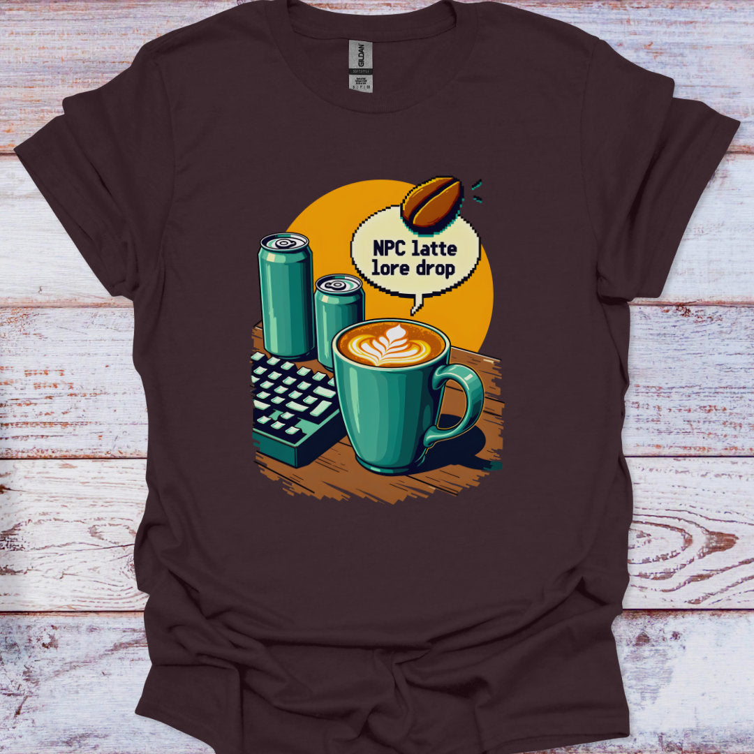 Brown t-shirt with a coffee-themed graphic on a wooden surface
