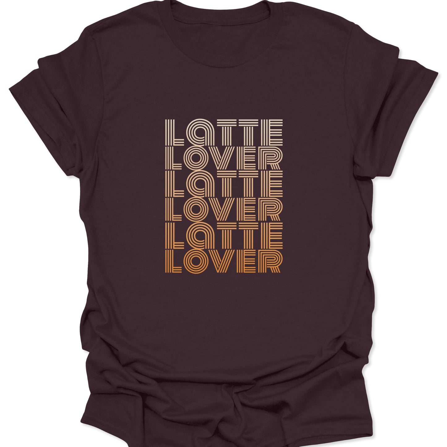 A dark chocolate brown t-shirt featuring a vertical stack of the text "Latte Lover" in a retro, multi-line font with a cream to amber gradient.