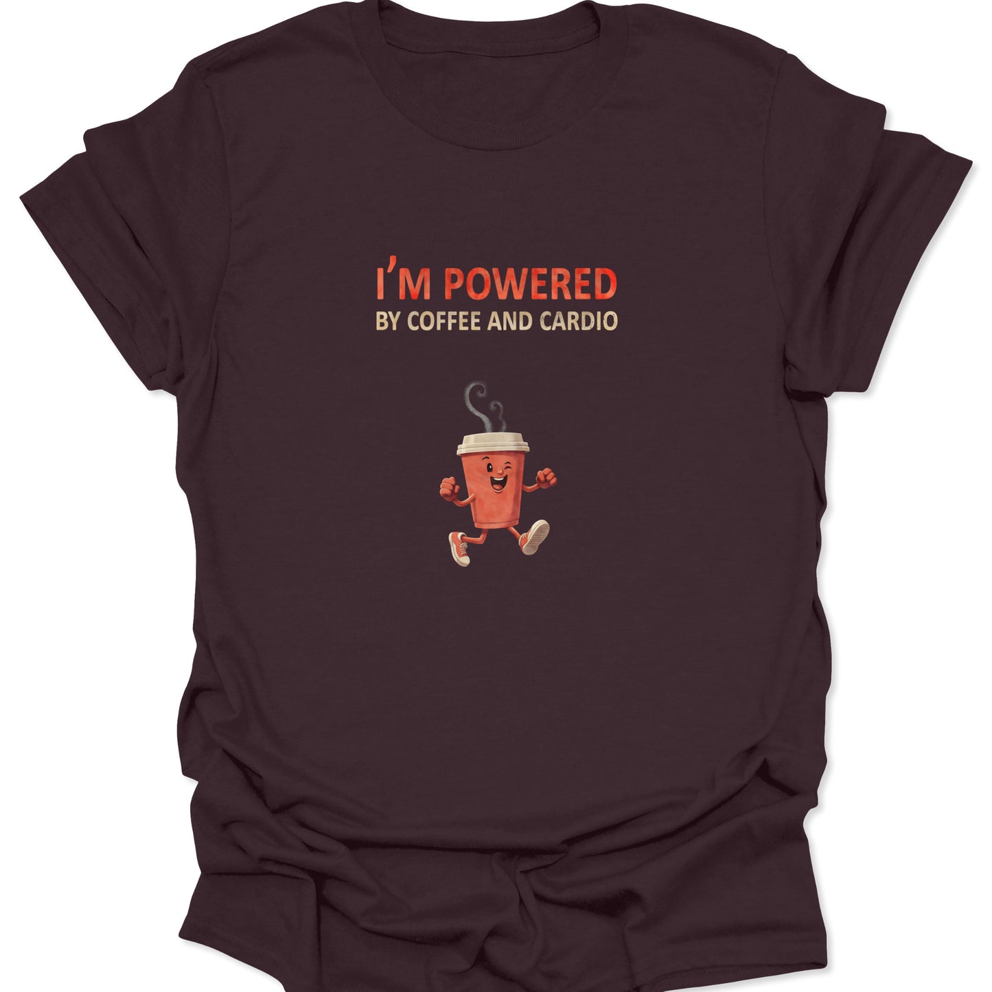 Dark Chocolate Brown t-shirt featuring "Powered by Coffee and Cardio" text in orange and cream.