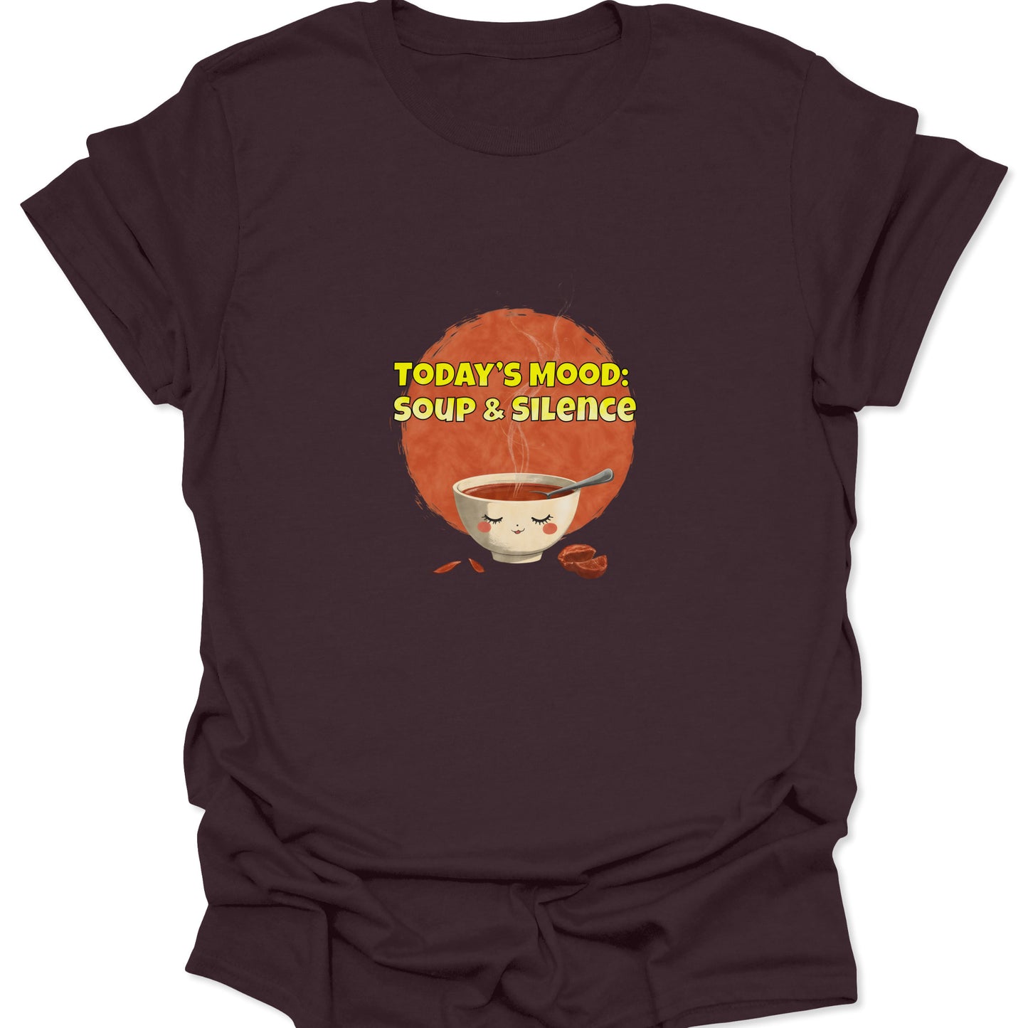 Dark Chocolate Brown t-shirt with a kawaii comfort food design and humorous text about wanting silence.
