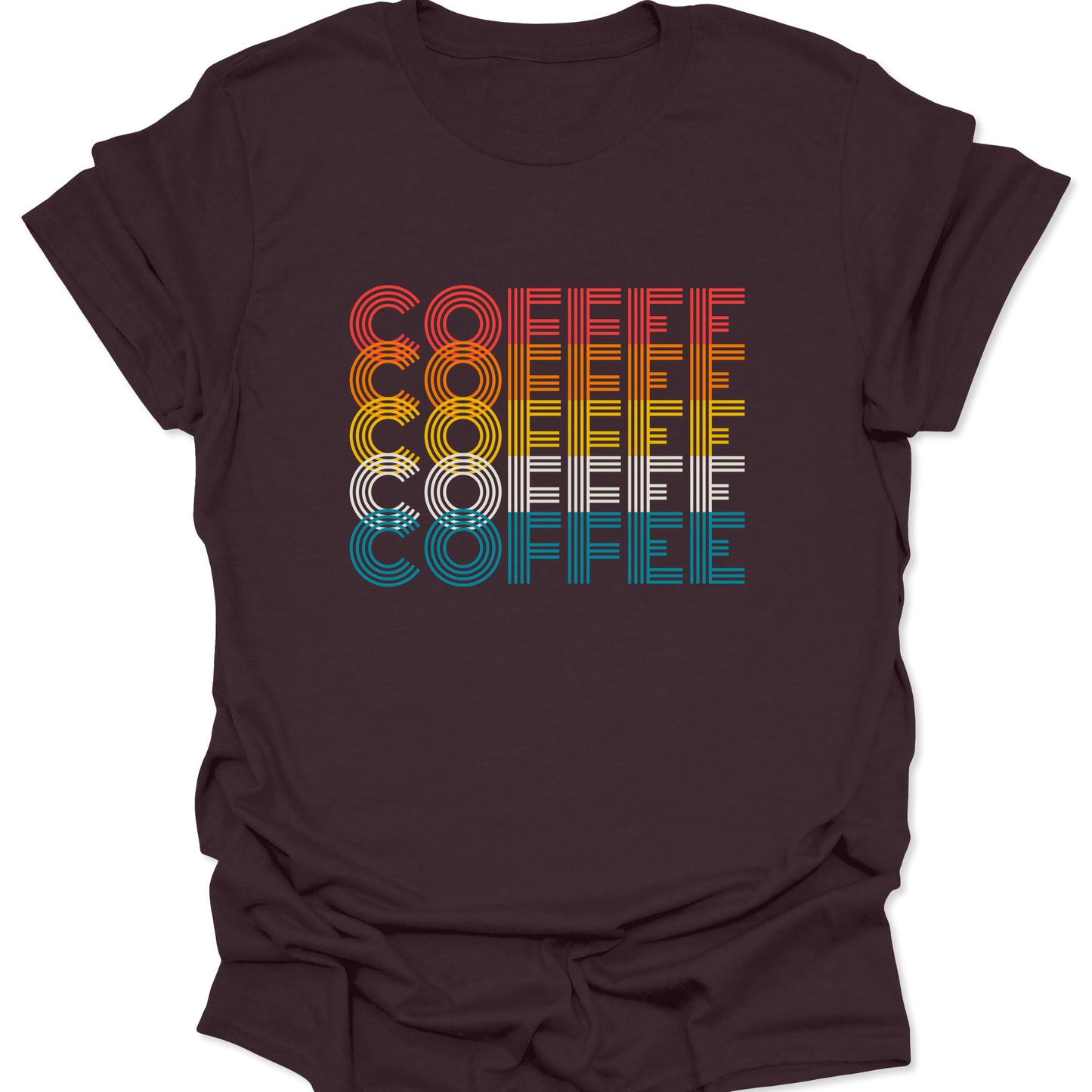 Dark Chocolate t-shirt featuring stacked "COFFEE" text in retro linear red, orange, yellow, white, and teal stripes.
