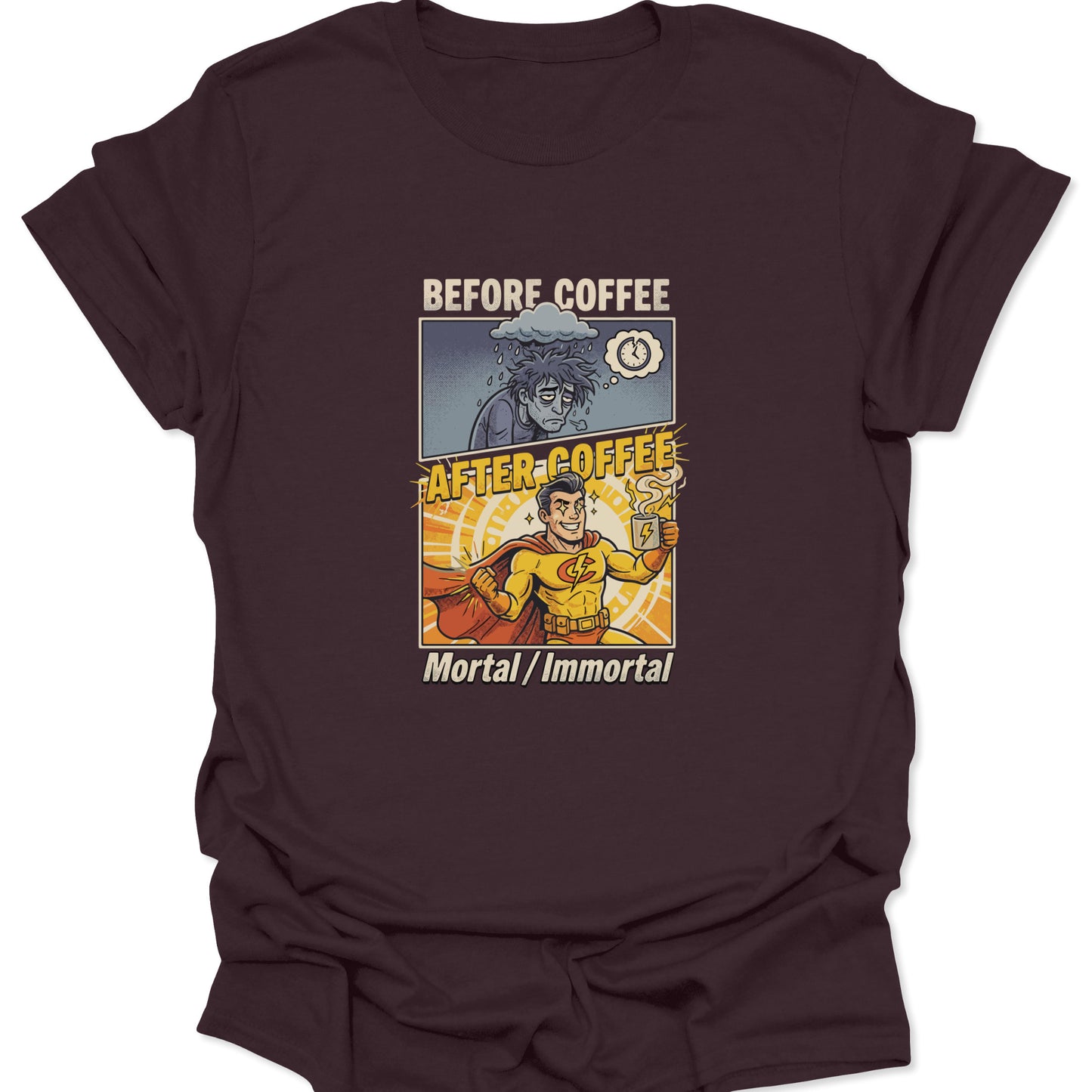 A dark chocolate brown shirt showcasing the "Mortal/Immortal" coffee transformation graphic in vibrant yellow and retro comic tones.