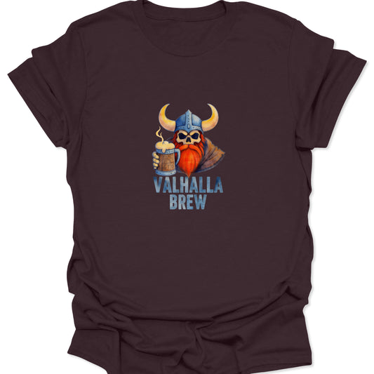 Edgy Viking skull graphic with blue helmet, red beard, and steaming tankard, providing medium contrast against the rich, dark chocolate brown fabric.