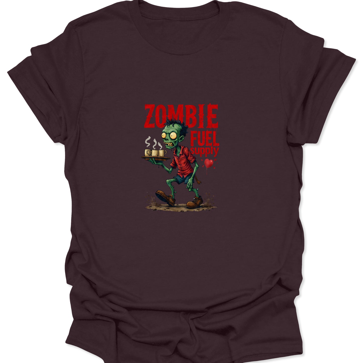 Dark brown apparel featuring an undead zombie creature balancing three steaming cups of coffee, perfect for gothic or horror-themed outfits.