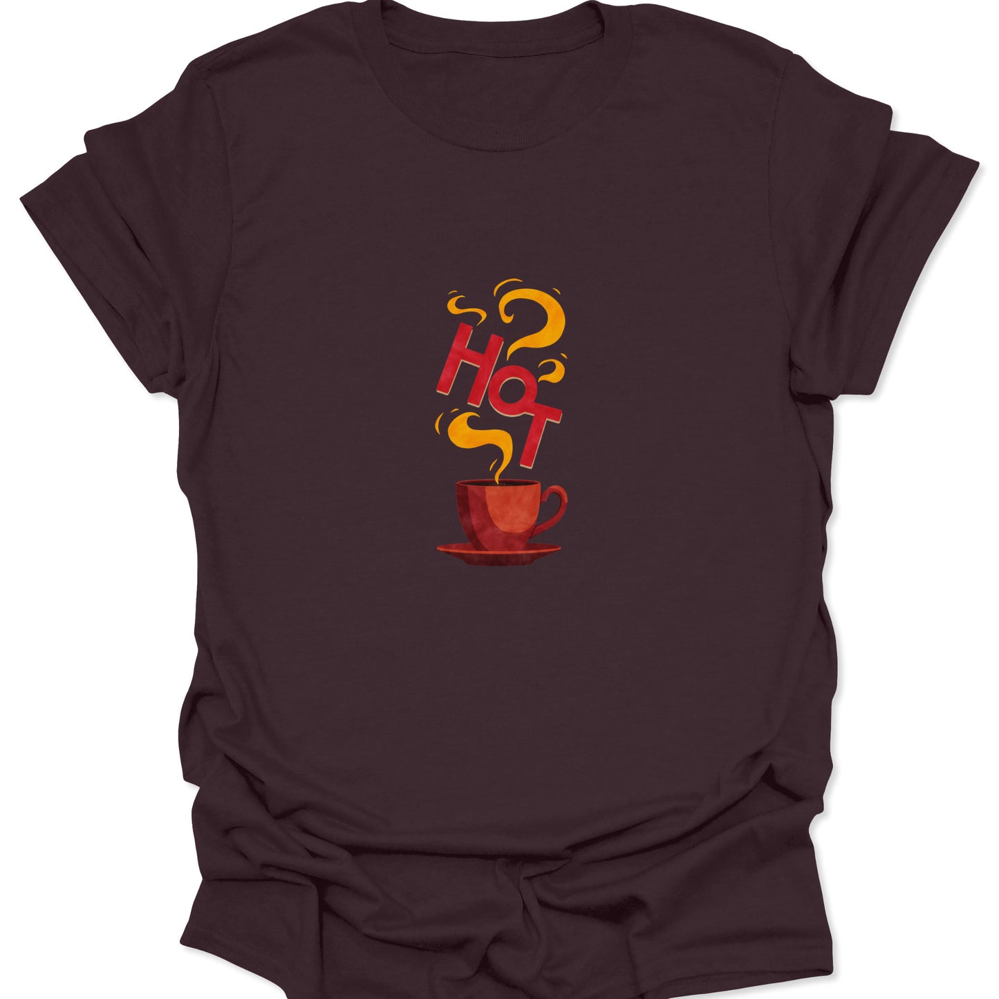 Dark chocolate brown t-shirt featuring an aggressive, hot coffee cup illustration and stylized red and yellow 'HOT' wordmark.