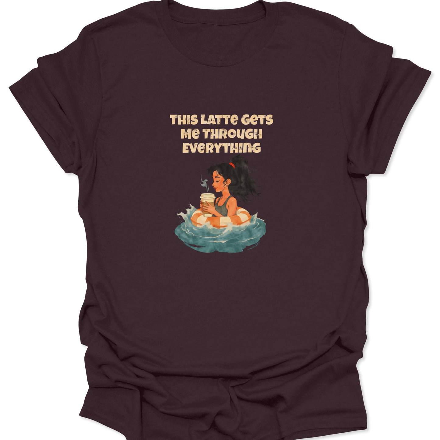 Dark chocolate brown t-shirt featuring a highly detailed vintage-style graphic of a lone survivor figure adrift in a water ring, clutching a cup of hot coffee, expressing caffeine dependence.