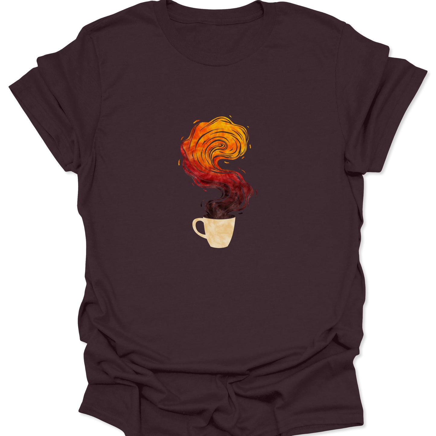 Watercolor-style graphic of a blazing coffee steam spiral on a dark chocolate brown t-shirt, emphasizing the intense heat and energy