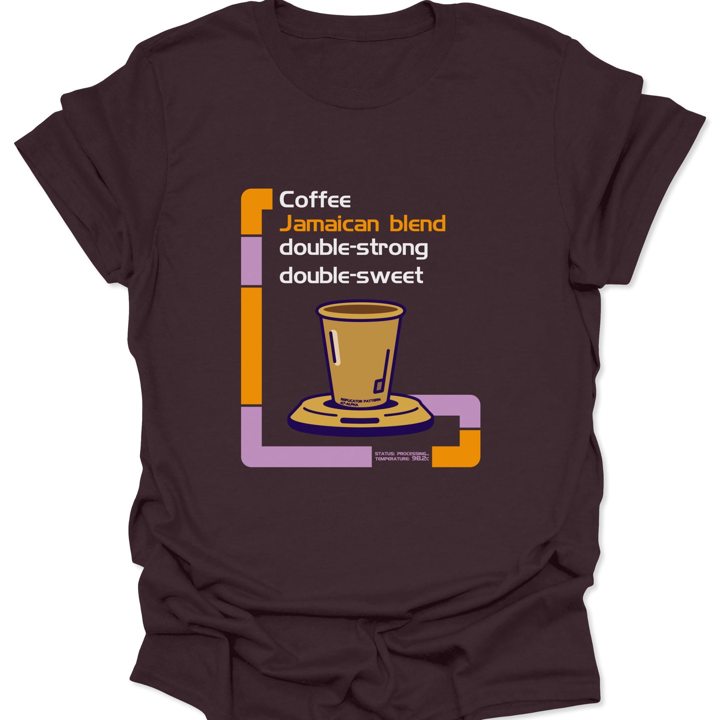 A dark chocolate brown graphic t-shirt with a sci-fi replicator UI design showing a double-strong, double-sweet coffee selection.