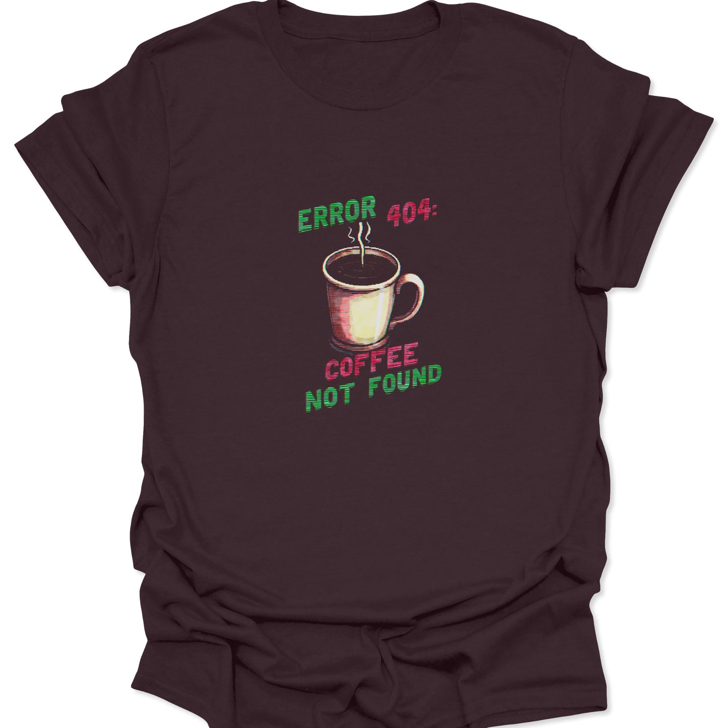 Dark brown t-shirt featuring the distressed "Coffee Not Found" 404 error message graphic with a steaming mug, perfect for coffee-addicted programmers.