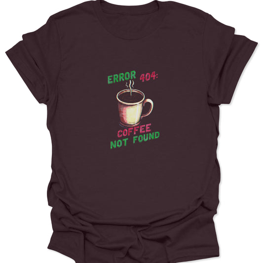 Dark brown t-shirt featuring the distressed "Coffee Not Found" 404 error message graphic with a steaming mug, perfect for coffee-addicted programmers.