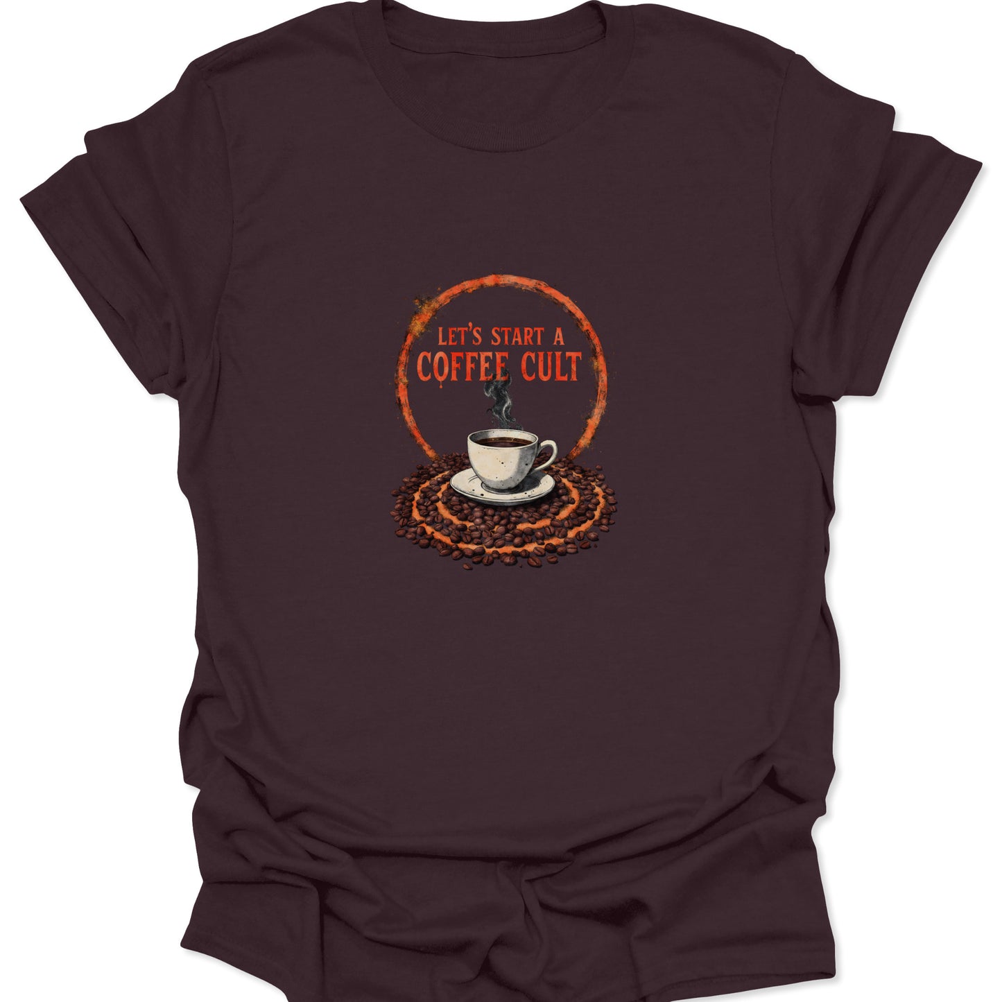 Dark brown t-shirt with a central orange and white graphic of a coffee ritual, emphasizing the coffee cup and surrounding roasted beans.