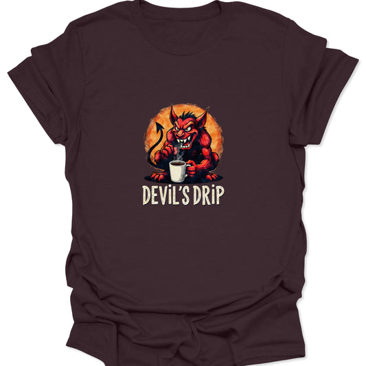 Dark Chocolate Brown tee with a vivid red cartoon devil mascot holding a coffee mug, backed by an orange glow. The graphic humorously labels the brew "DEVIL'S DRIP."
