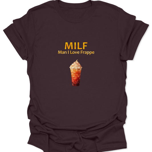 Dark Chocolate Brown tee with funny coffee meme acronym and detailed caramel frappe illustration.