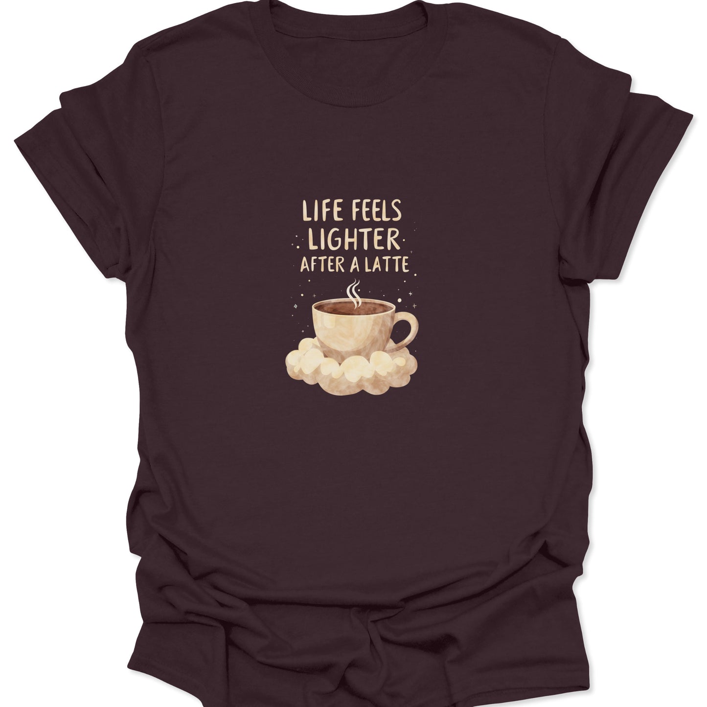 Dark Chocolate Brown t-shirt displaying a dreamy coffee design with a latte floating on clouds and white whimsical typography.