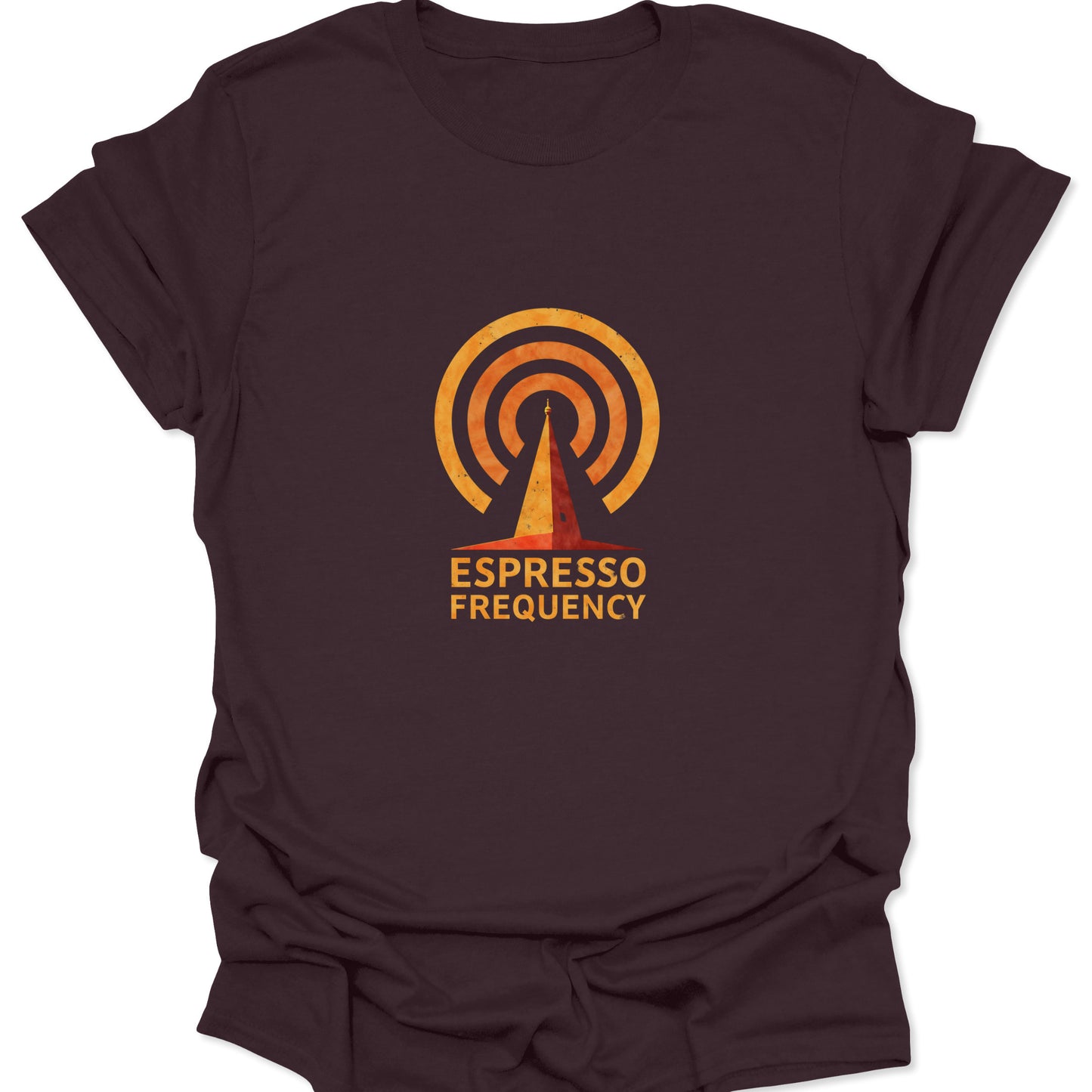 Dark brown t-shirt featuring a faded, retro-style orange and gold broadcast tower logo and the phrase "ESPRESSO FREQUENCY."