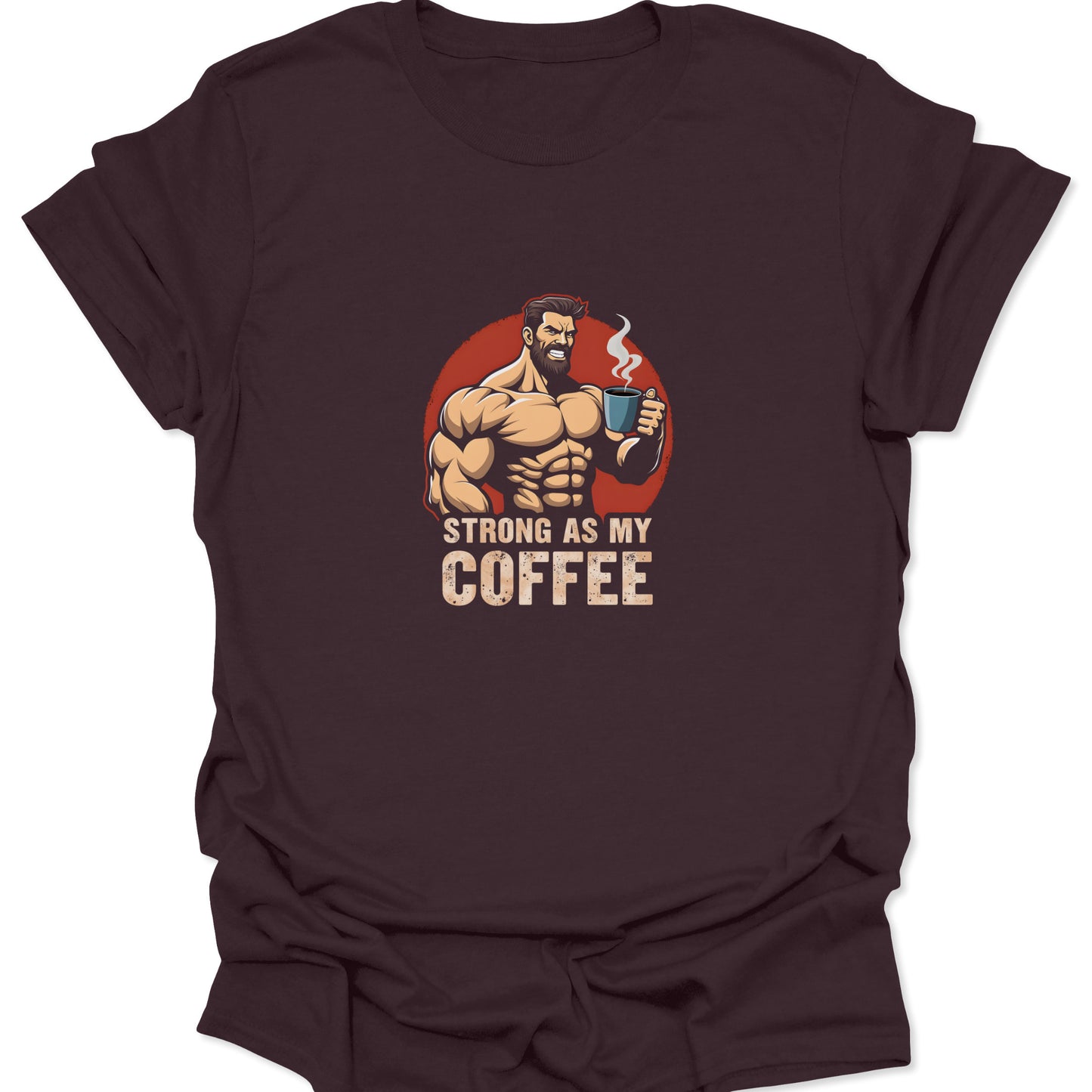 T-shirt in dark chocolate brown showcasing a ruggedly muscular man with a beard holding a coffee mug, perfect for powerlifters and coffee enthusiasts.