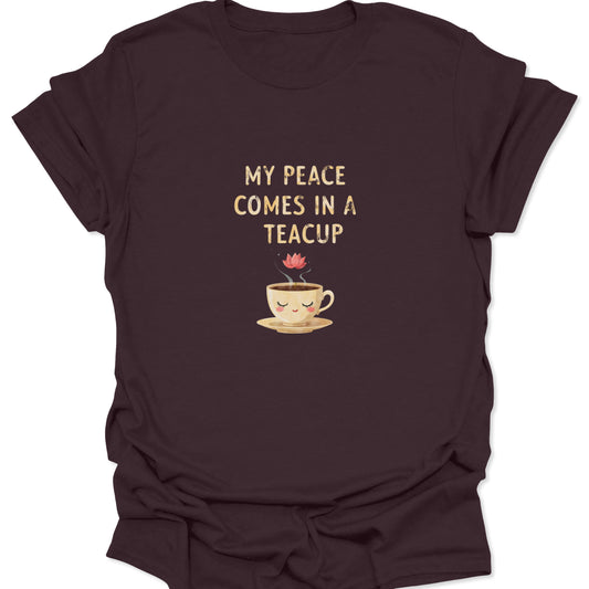 Dark chocolate brown tee featuring a whimsical teacup illustration and a witty quote about anxiety relief and tea time for introverts.