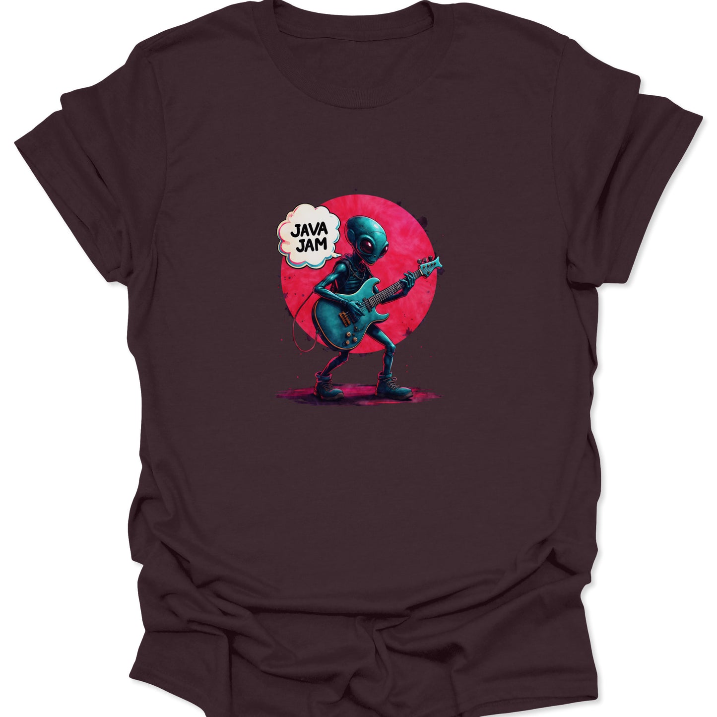 Dark brown t-shirt featuring a neon teal alien and red graphic. The alien plays an electric guitar with the text "JAVA JAM." Perfect for software developers and coffee enthusiasts.