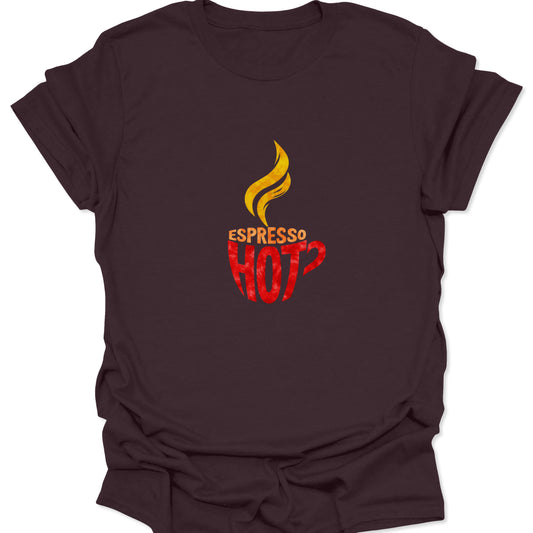 Dark chocolate brown t-shirt with a bold, distressed espresso mug logo in fiery red, orange, and yellow, symbolizing extreme heat and caffeine.