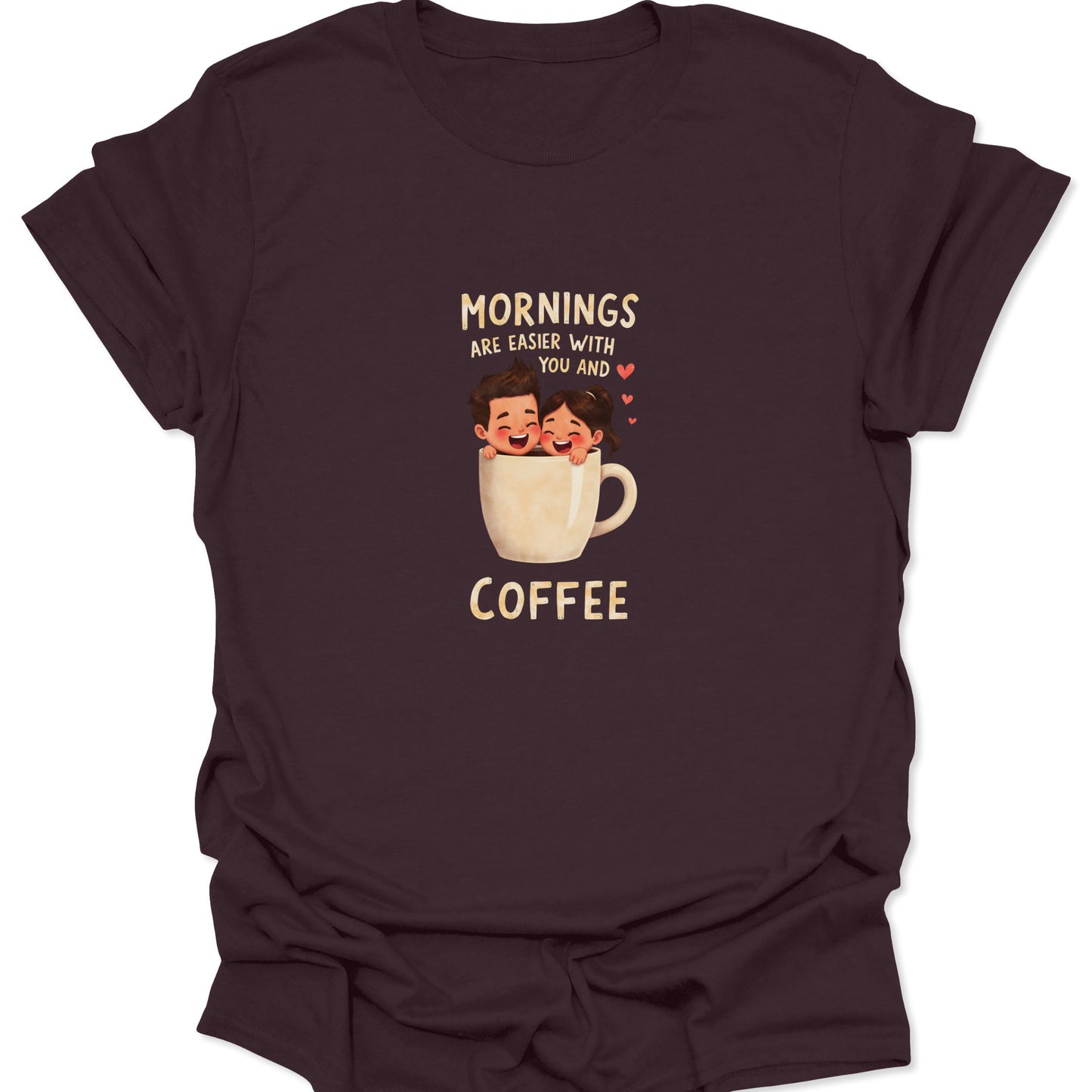 Dark brown t-shirt with a cozy graphic of a happy pair snuggled into a cup of coffee. High-density couple and caffeine-themed t-shirt.