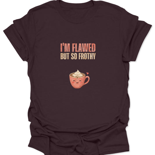 Dark Chocolate Brown t-shirt with a kawaii broken coffee cup illustration and retro typography about self-acceptance.