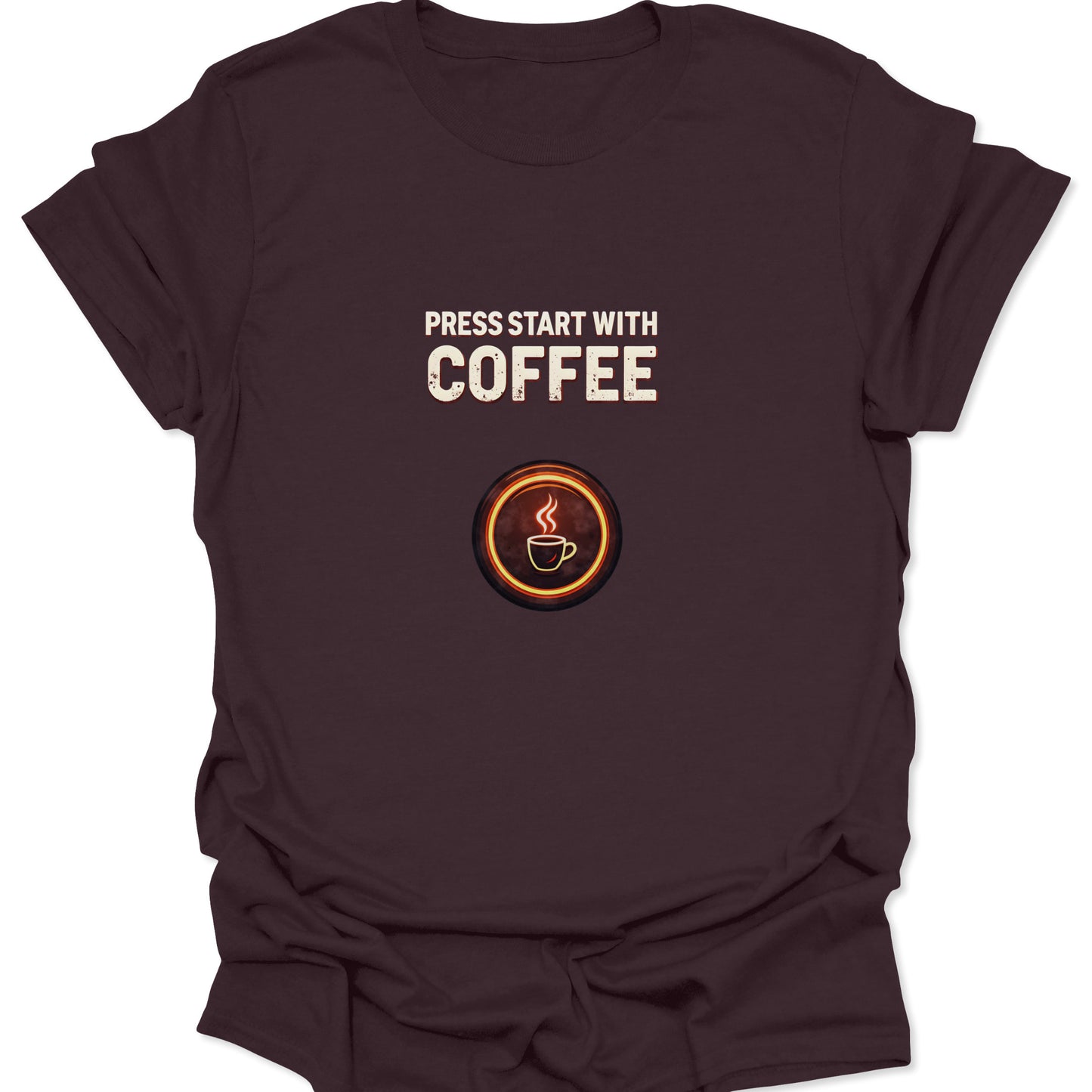 Dark Chocolate Brown, deep-tone graphic tee for coffee lovers featuring a retro arcade "Press Start" message and a caffeinated power-up symbol.