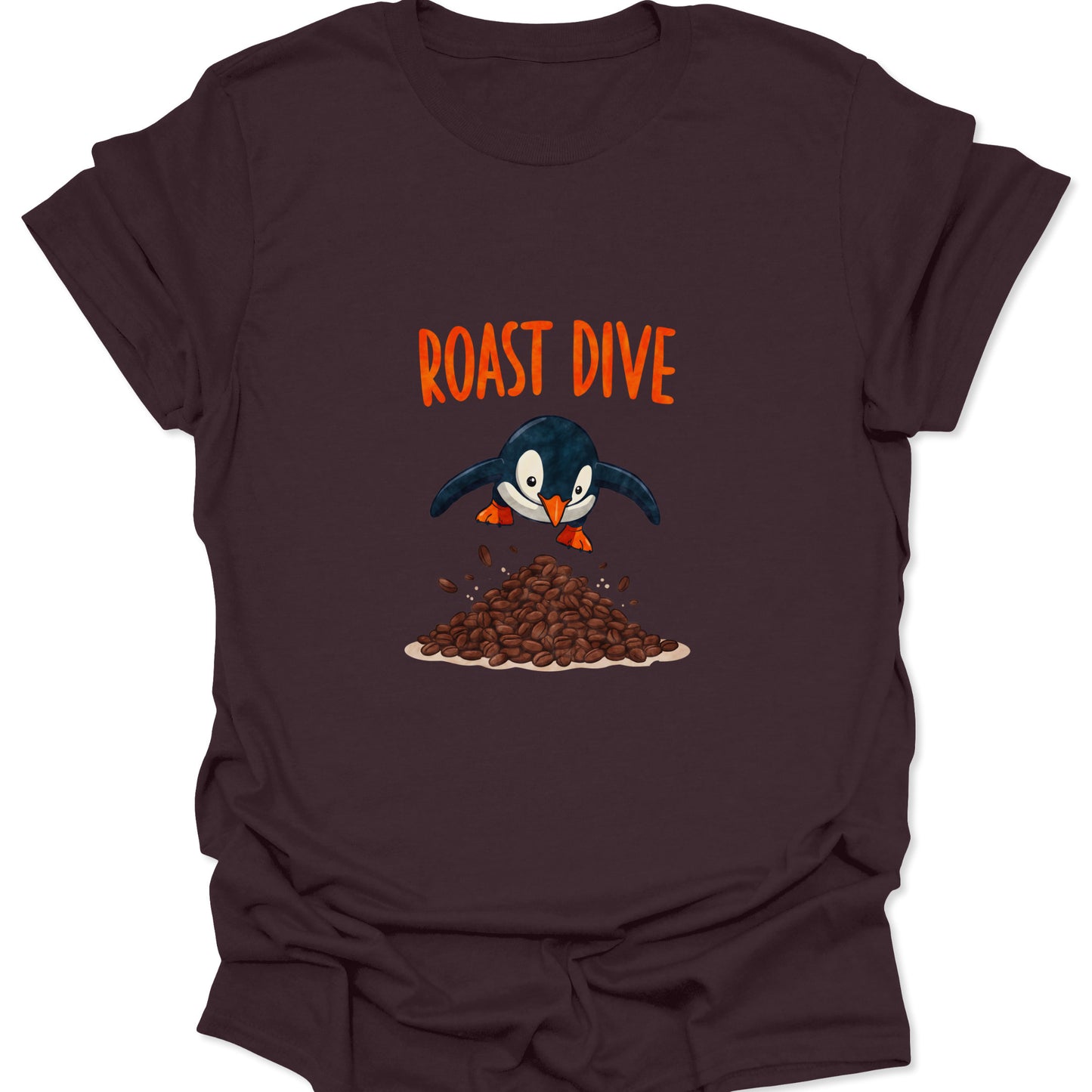 Dark brown apparel featuring a high-contrast graphic of a penguin diving into a brown pile of freshly roasted coffee beans; ideal barista uniform.