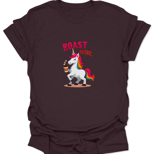 Dark brown t-shirt featuring the vibrant, multi-colored Roast Patrol unicorn design, perfect for coffee lovers.