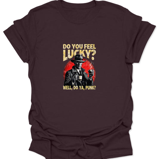 Dark Chocolate Brown shirt showcasing a vintage-style illustration of a man in a fedora and coat drinking coffee, featuring bold cinematic quote.