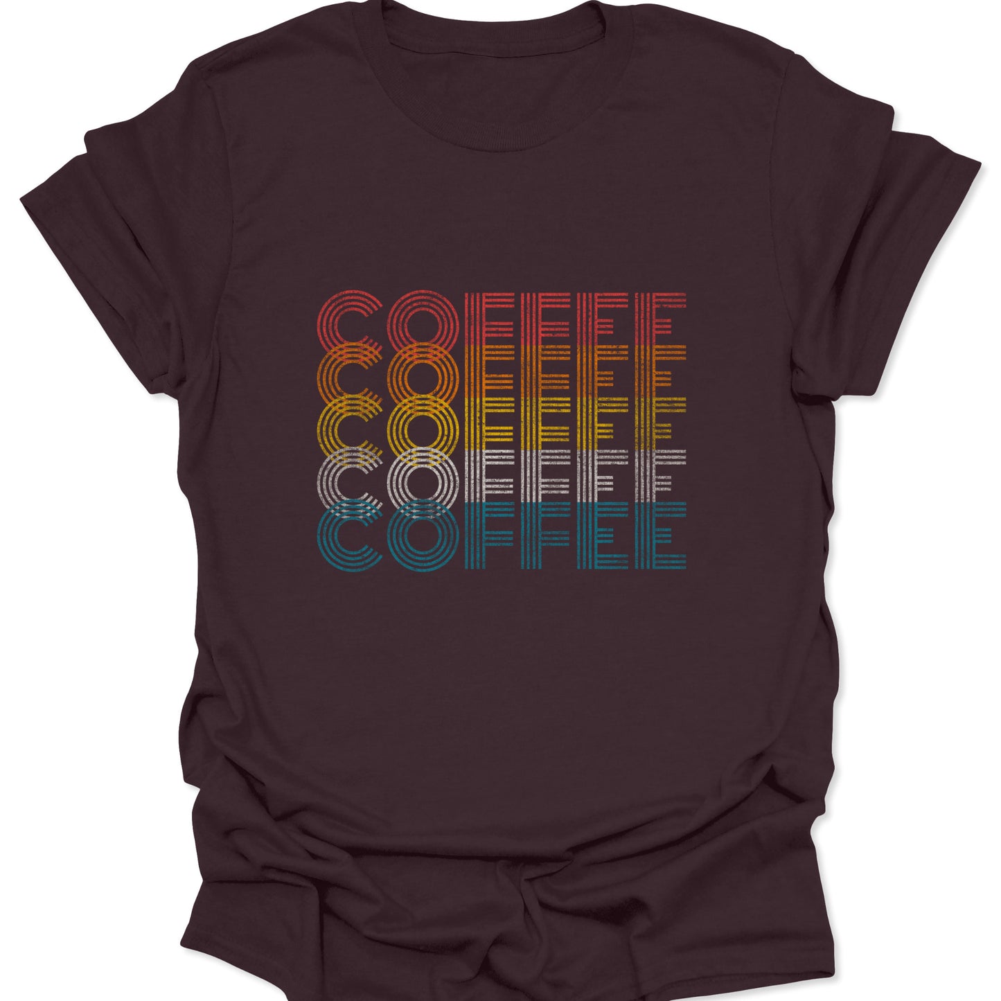 Dark Chocolate t-shirt featuring stacked "COFFEE" text in retro linear red, orange, yellow, white, and teal stripes.