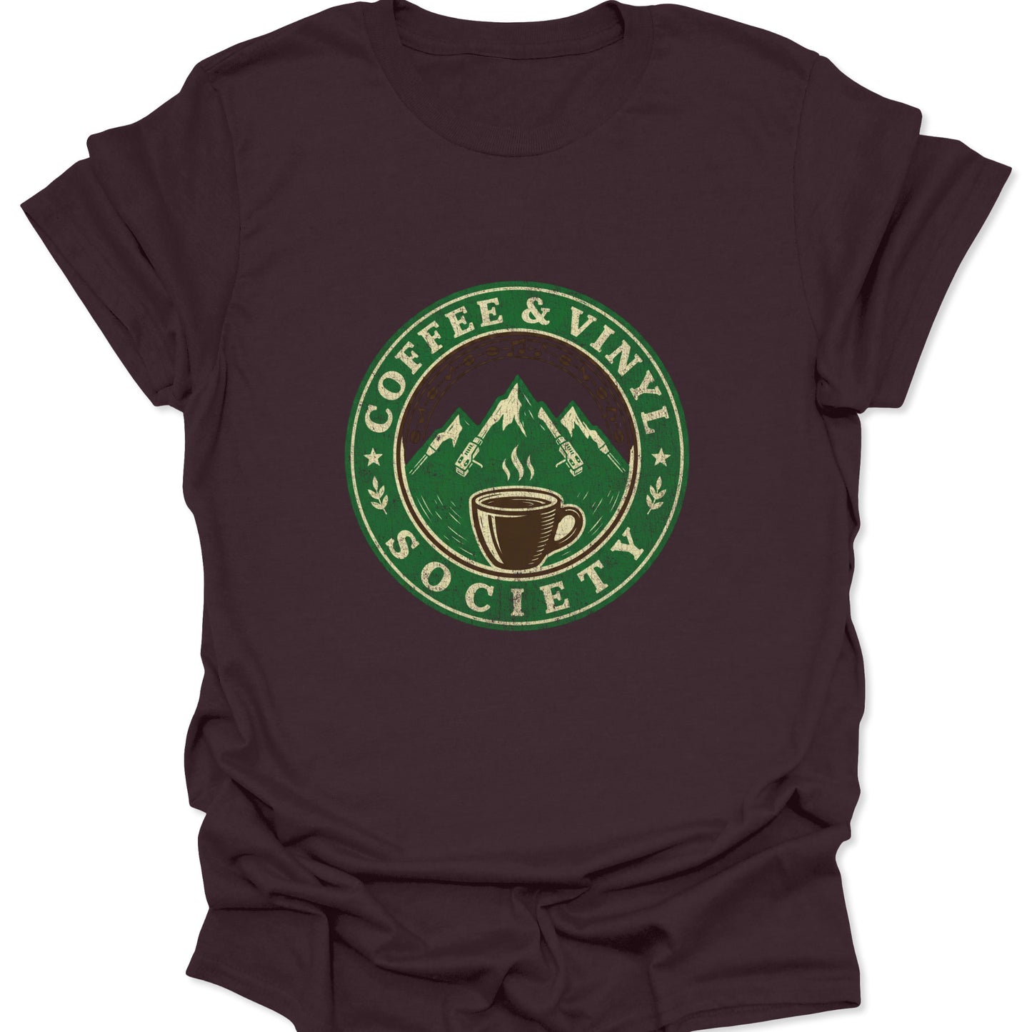 Dark Chocolate Brown t-shirt displaying a retro audiophile emblem with a steaming coffee cup and mountain peaks shaped like turntable arms in vintage green.