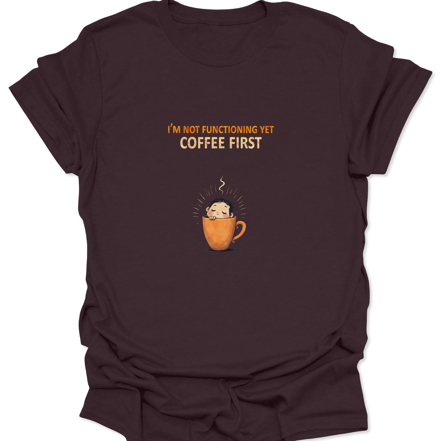 Dark Chocolate Brown t-shirt featuring a person hiding in a coffee cup, warm and cozy aesthetic.