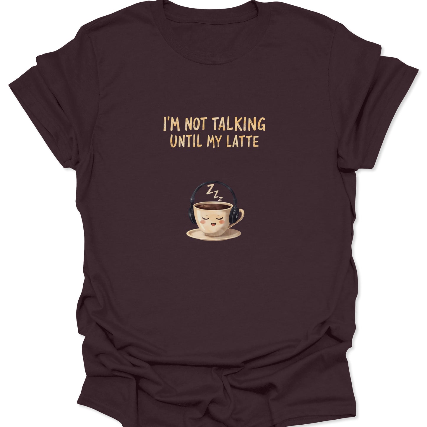 Dark Chocolate Brown t-shirt featuring a humorous coffee graphic of a sleeping cup with headphones and the pre-caffeine quote.