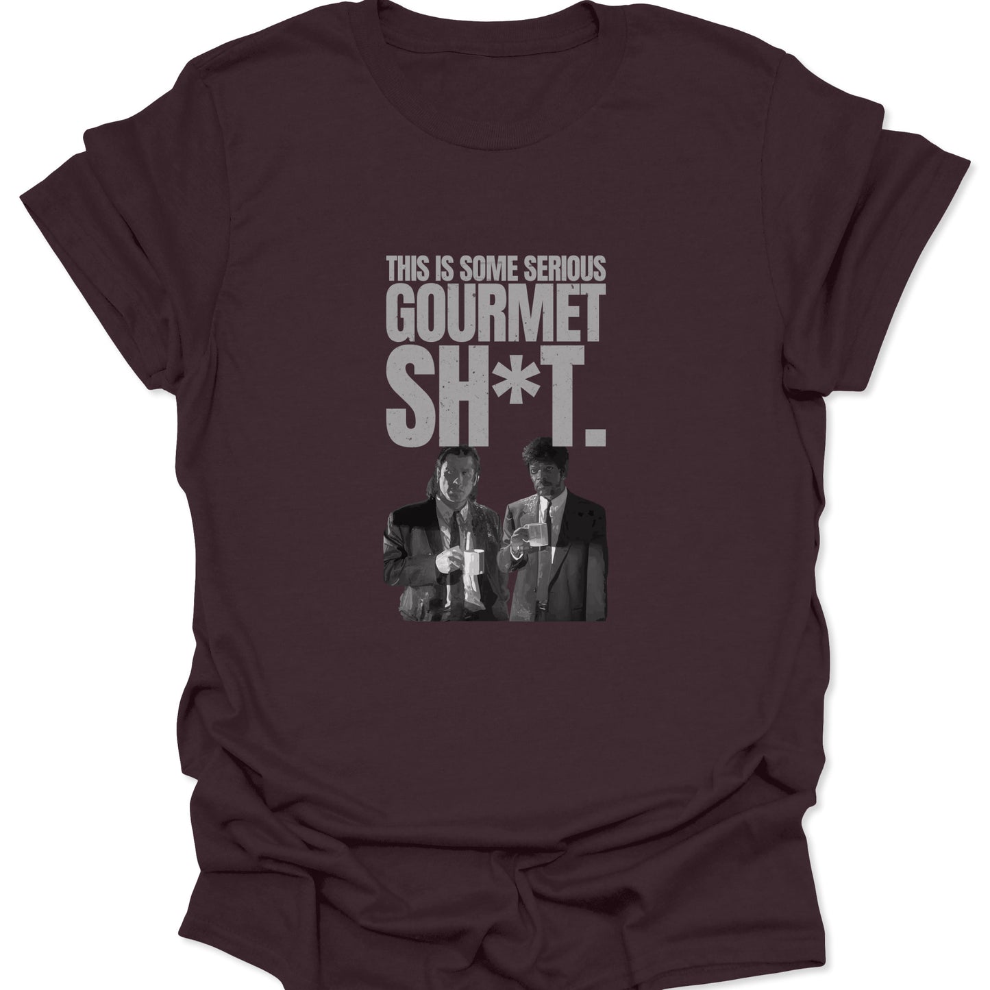 A dark chocolate brown t-shirt with a vintage grayscale graphic of cinematic hitmen and bold "Gourmet" text.
