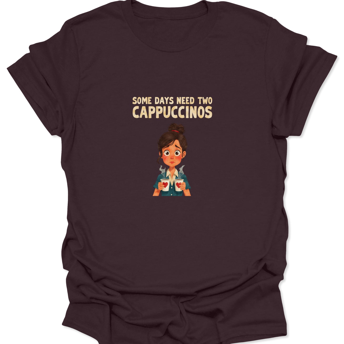 Dark brown t-shirt featuring the two cappuccinos graphic design for coffee addicts and stressed professionals; high-signal density alt text.