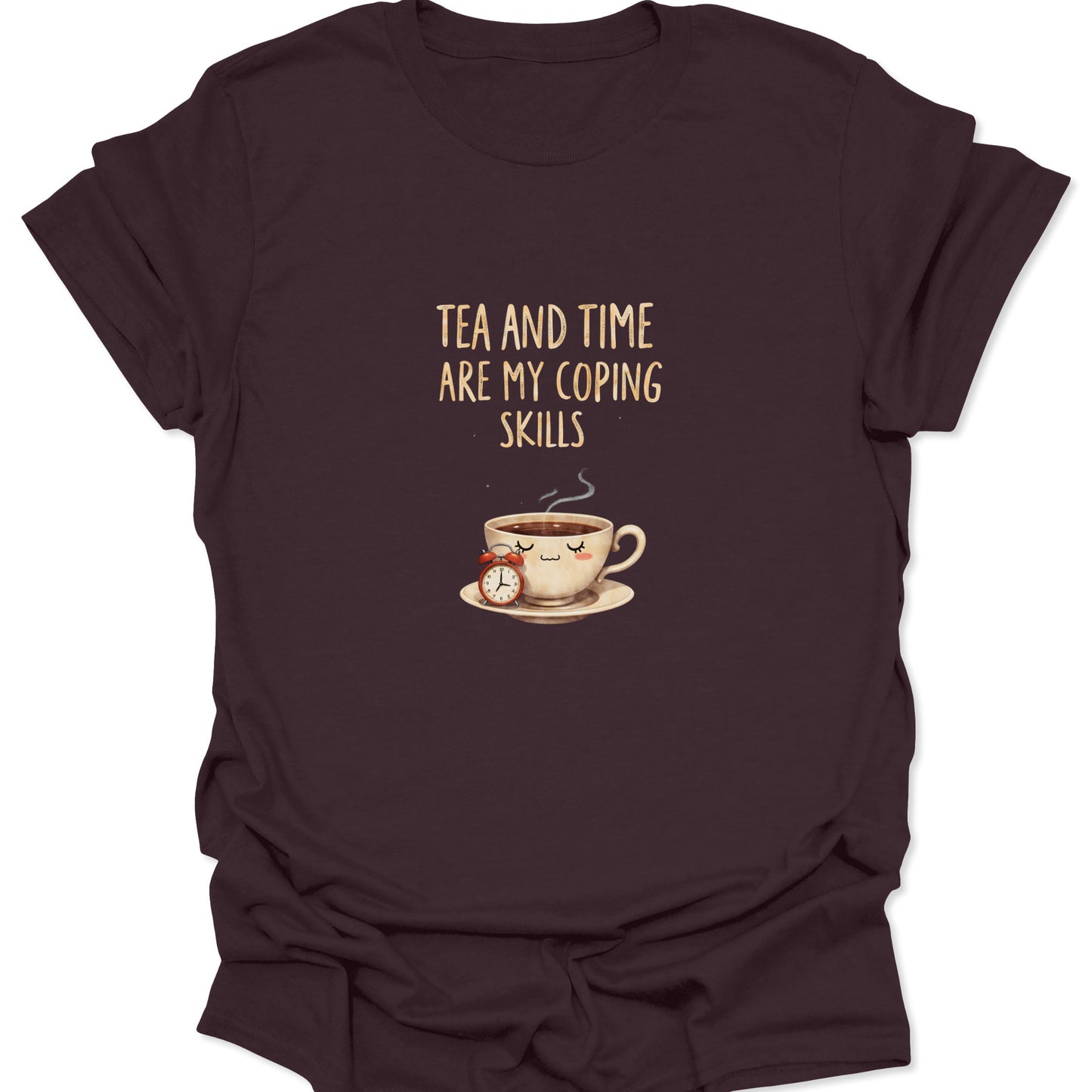 Dark Chocolate Brown tee with cozy tea lover design, steaming cup illustration, and mental health quote.