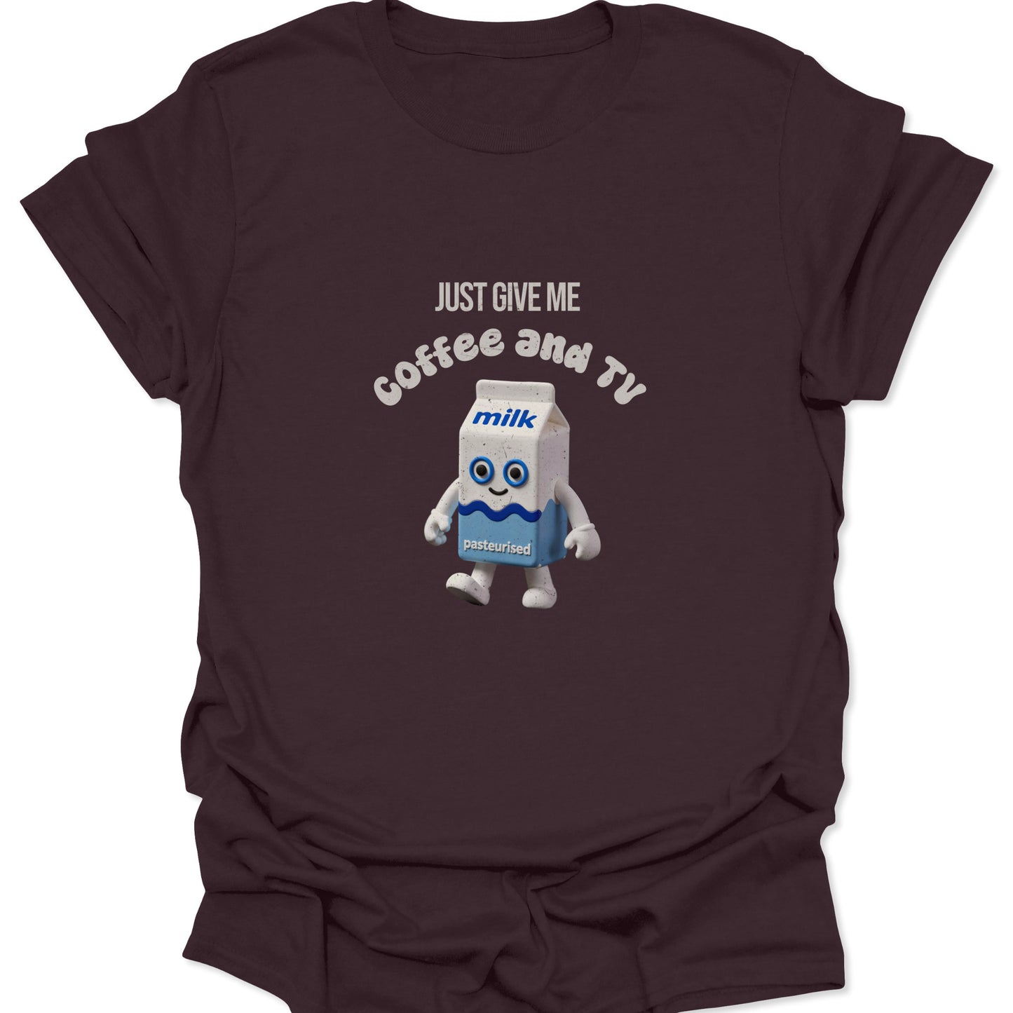 Deep brown shirt displaying a 3D animated milk carton character with blue details and retro "Coffee and TV" typography.