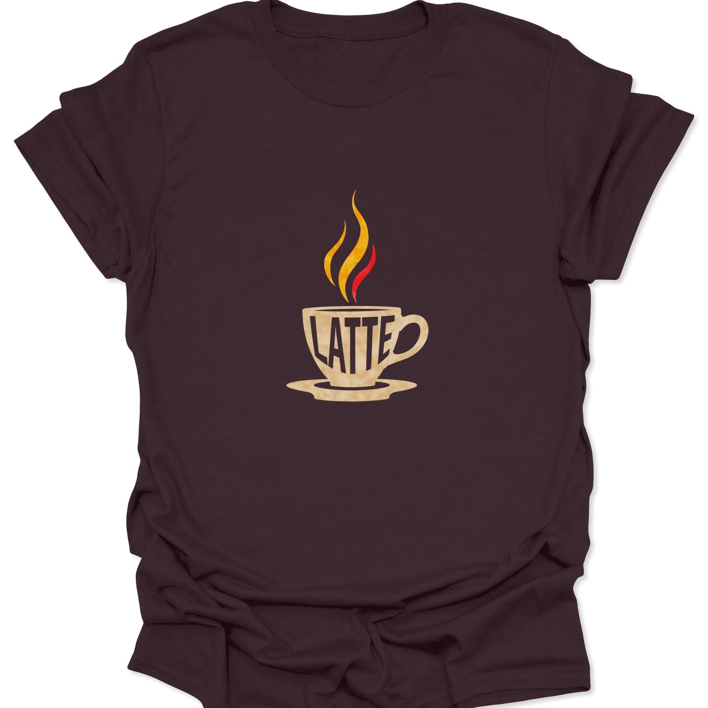 Dark brown t-shirt featuring a stylized white graphic of a coffee mug, word LATTE, and a fiery plume of yellow-red steam.