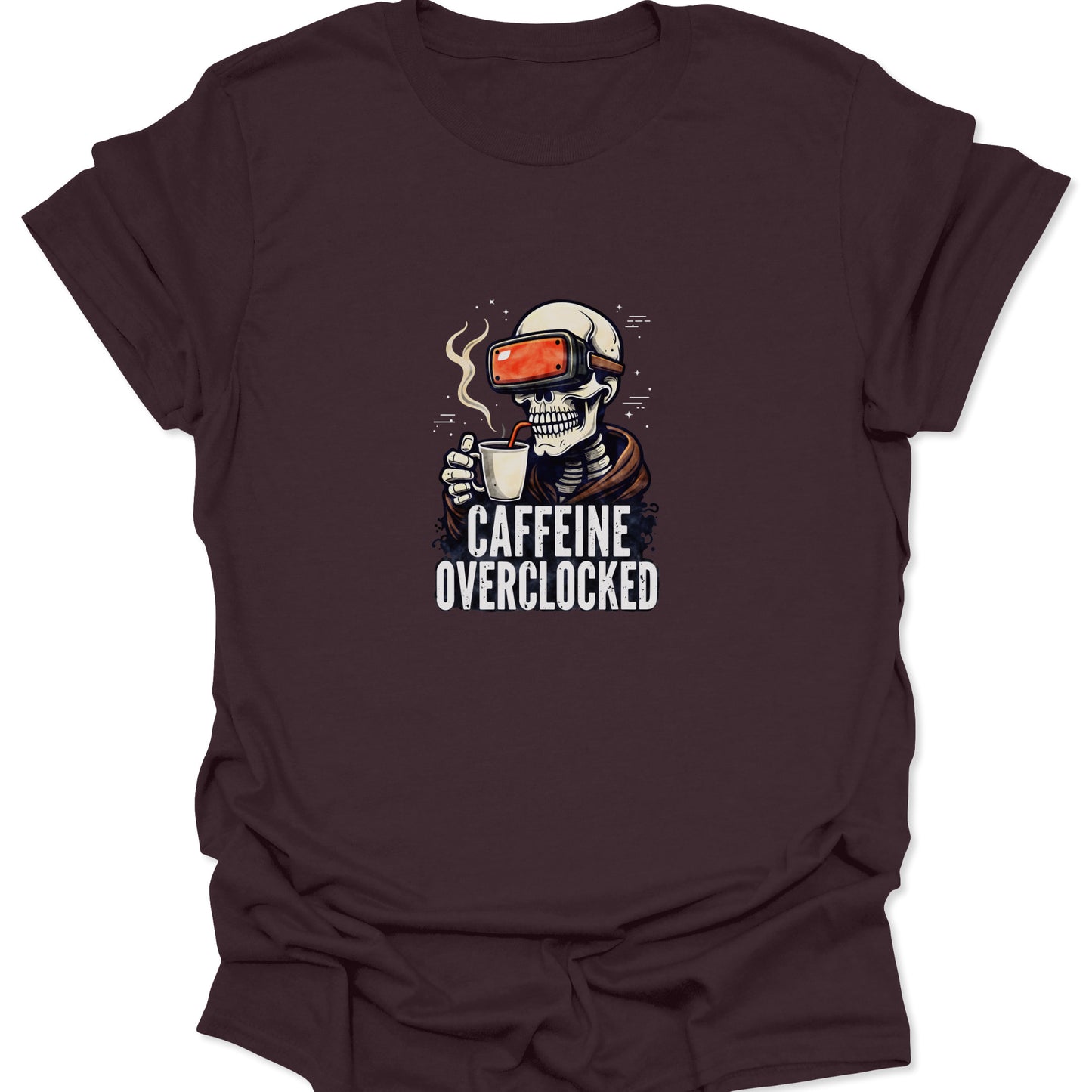 Dark Chocolate Brown t-shirt showing a gamer skull graphic, the red VR visor and white steam contrasting warmly against the deep brown fabric.