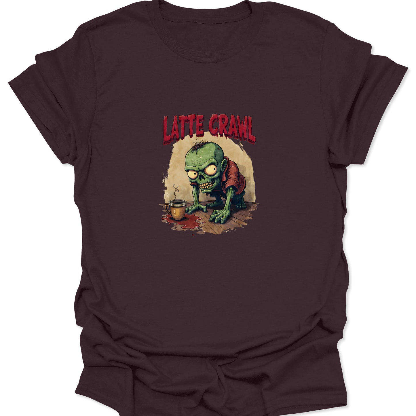 Zombie monster and coffee cup graphic printed on a dark brown t-shirt. Design shows a desperate caffeine crawl.