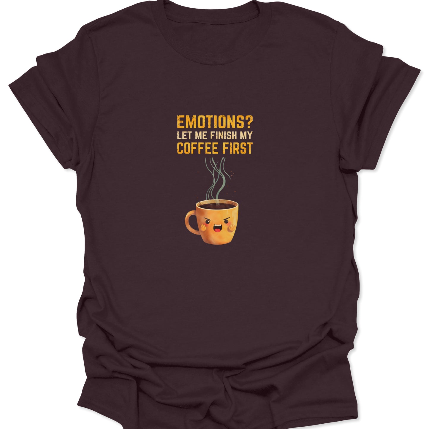 Dark Chocolate Brown t-shirt with a furious yellow coffee cup character and sarcastic morning humor text.