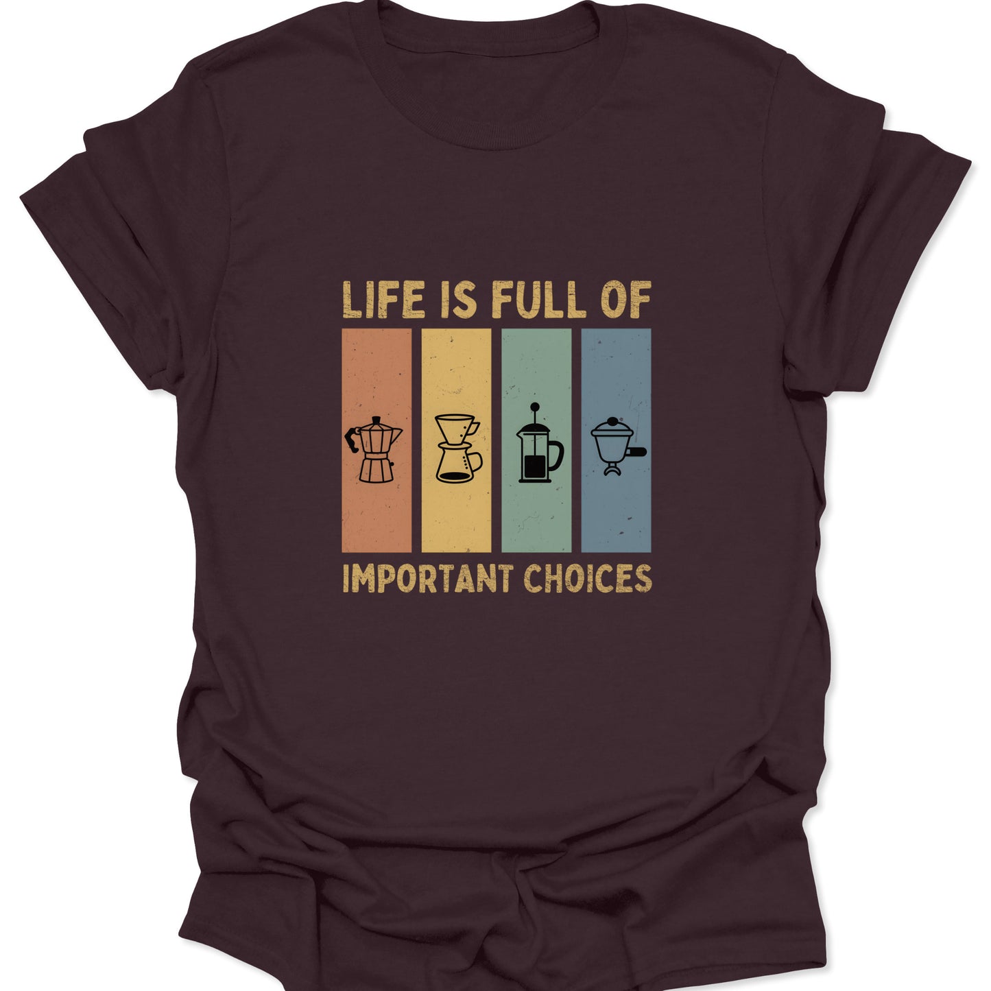 Dark chocolate brown shirt displaying a retro-distressed graphic of various coffee makers including a French press and Chemex in a 70s color palette.