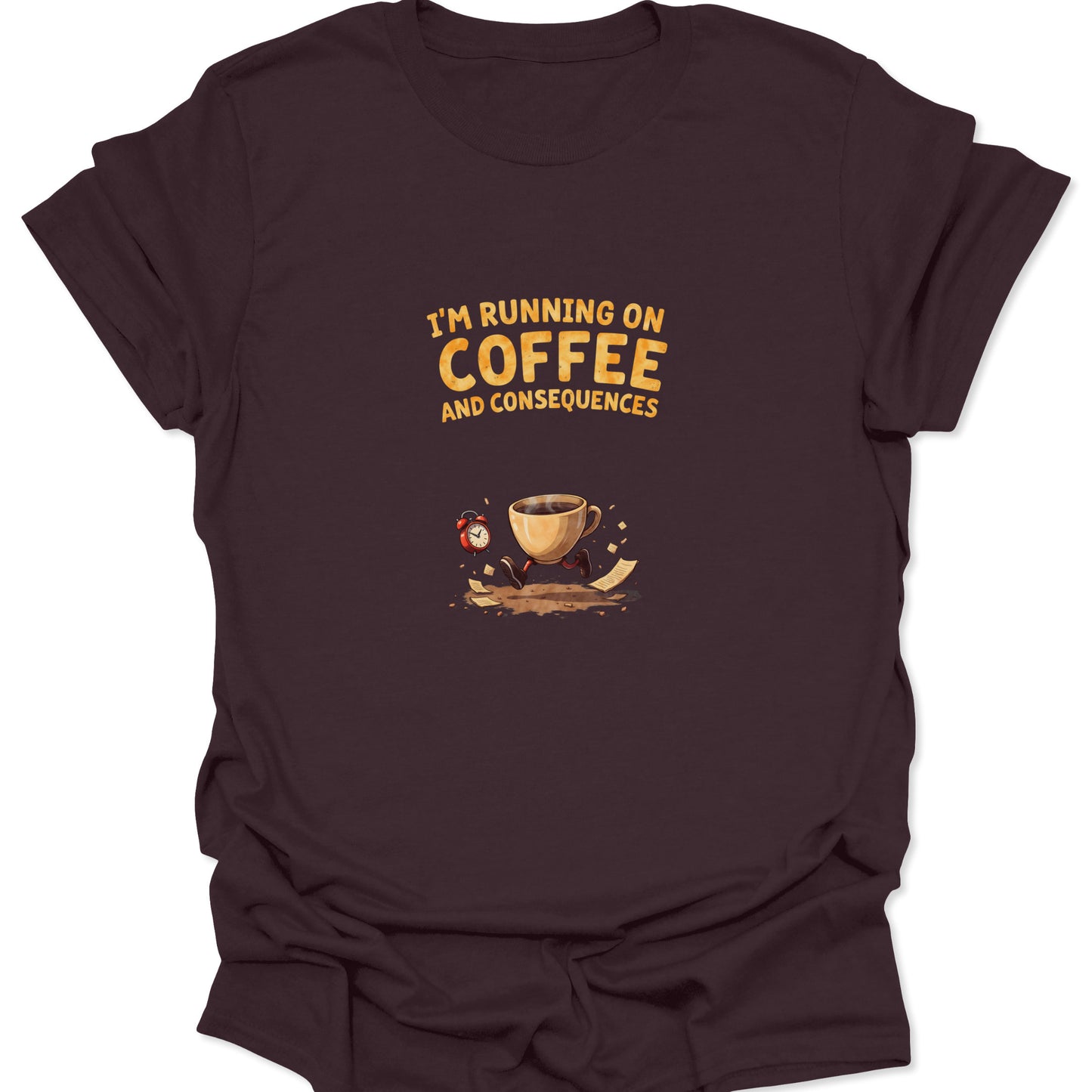 Dark Chocolate Brown t-shirt with a sprinting coffee mug illustration and funny procrastination quote in yellow text.