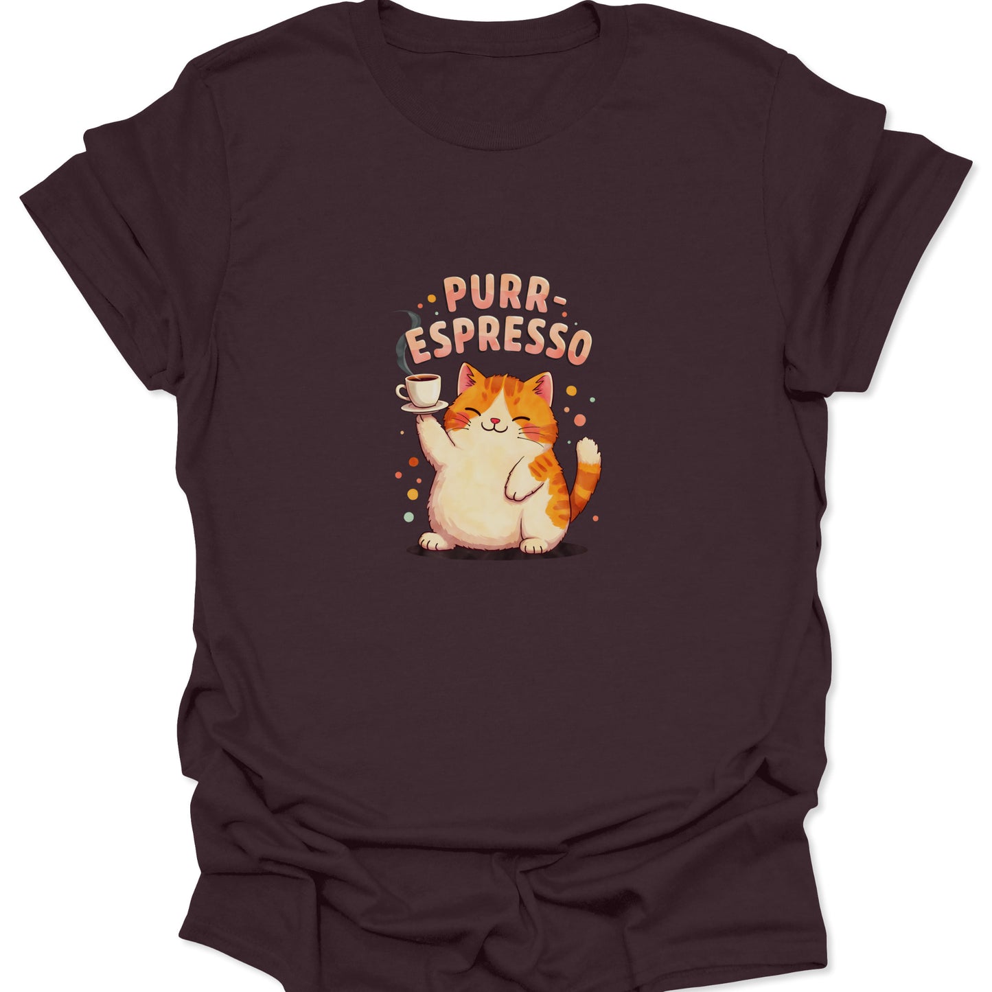 Witty coffee lover t-shirt graphic featuring an orange and white cat and steaming espresso cup on a dark brown background.