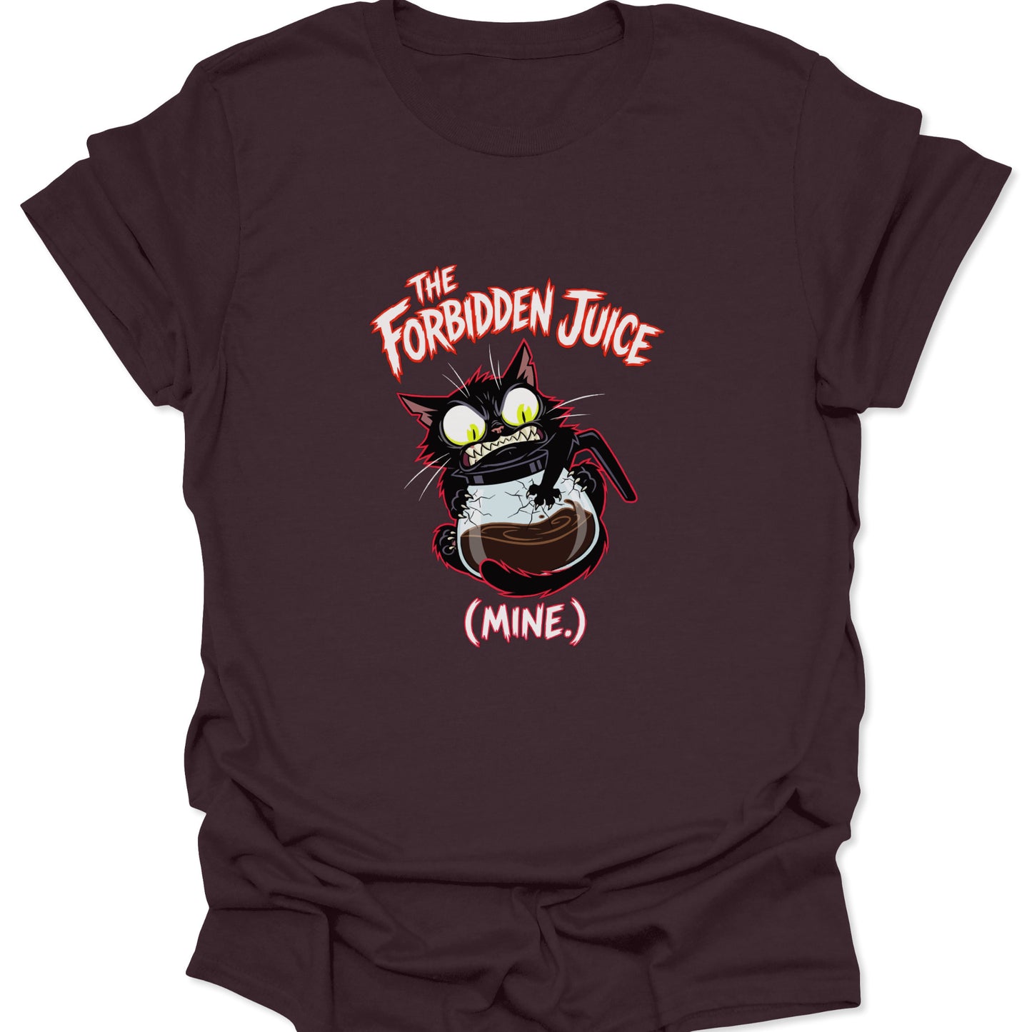 An espresso-toned shirt displaying a manic kitten protecting a carafe of "forbidden juice" with jagged white and red lettering.
