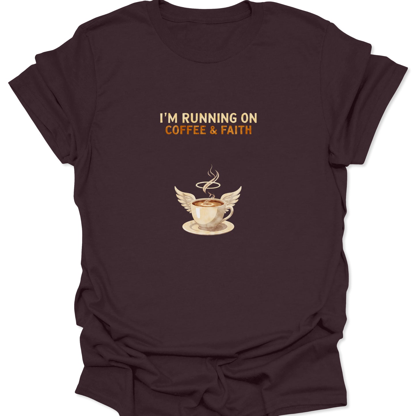 Dark Chocolate Brown t-shirt featuring a coffee cup with angel wings and halo, warm Christian aesthetic graphic.