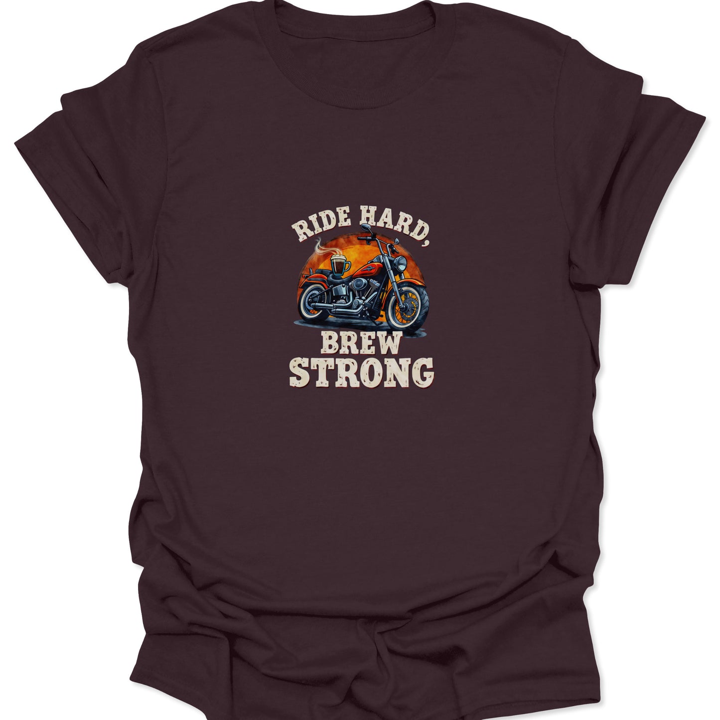 Retro cruiser motorcycle graphic with orange sunset detailing on a dark brown shirt, emphasizing the strong brew and intense ride aesthetic.