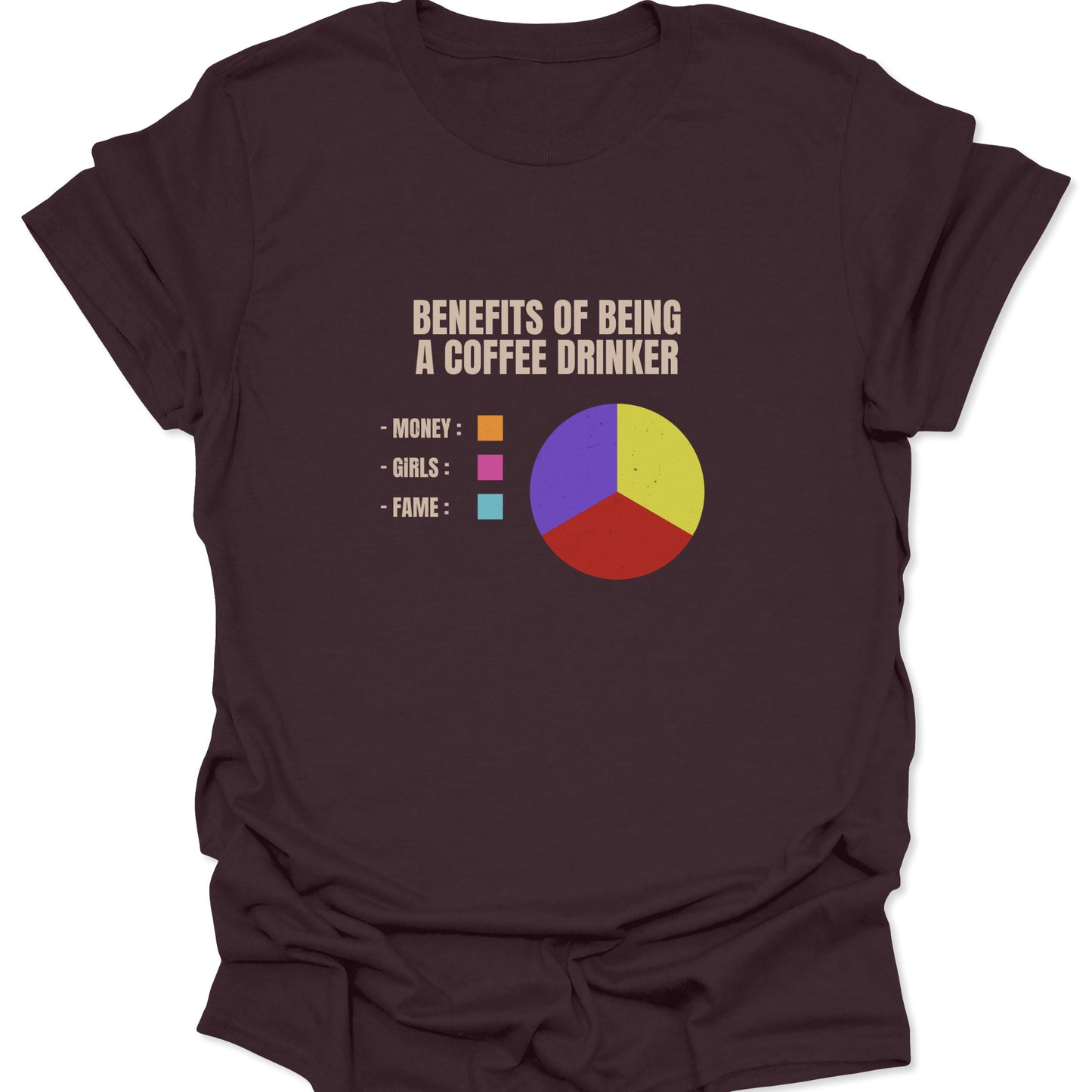 A dark chocolate brown t-shirt showcasing a retro-style coffee drinker infographic with yellow, red, and purple pie chart segments.