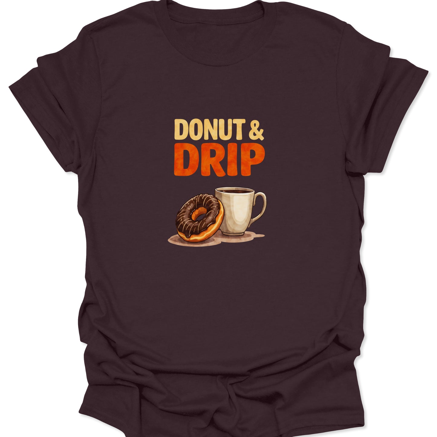Dark brown t-shirt featuring a stylized image of a glazed donut next to a hot cup of black drip coffee, text is in bold, retro font.
