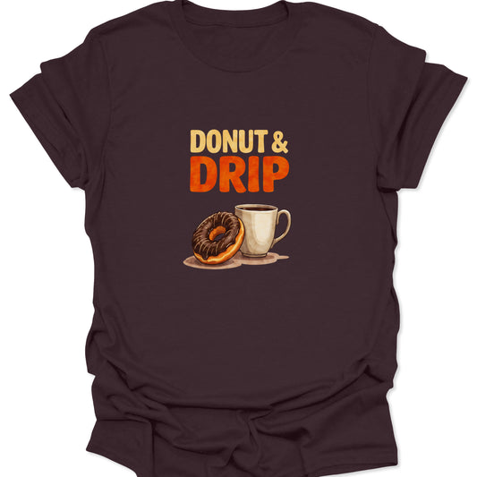 Dark brown t-shirt featuring a stylized image of a glazed donut next to a hot cup of black drip coffee, text is in bold, retro font.